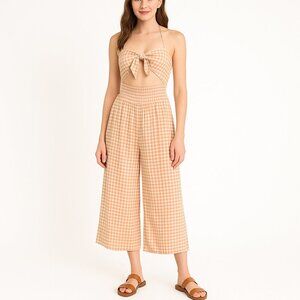 Oliviaceous Peach Gingham Smocked Cutout Jumpsuit Size S Cottagecore Wide Leg